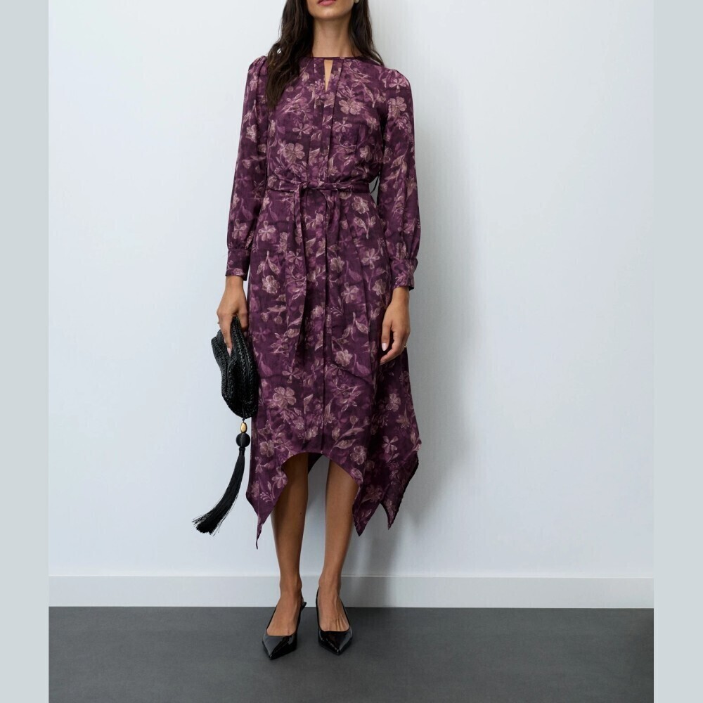 Plum Purple Floral Keyhole Neck Tie Waist Handkerchief Hem Midi Dress